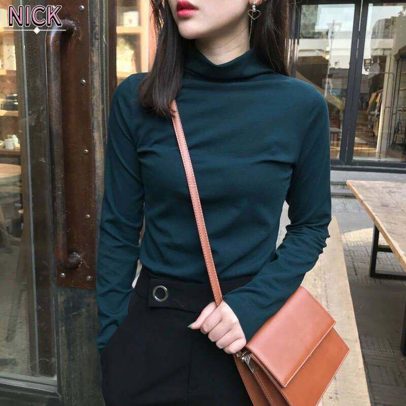 NICK Áo Len Cho Phụ Nữ, Mùa Thu Và Mùa Đông Màu Trơn Nửa Cổ Cao Đáy Áo Sơ Mi