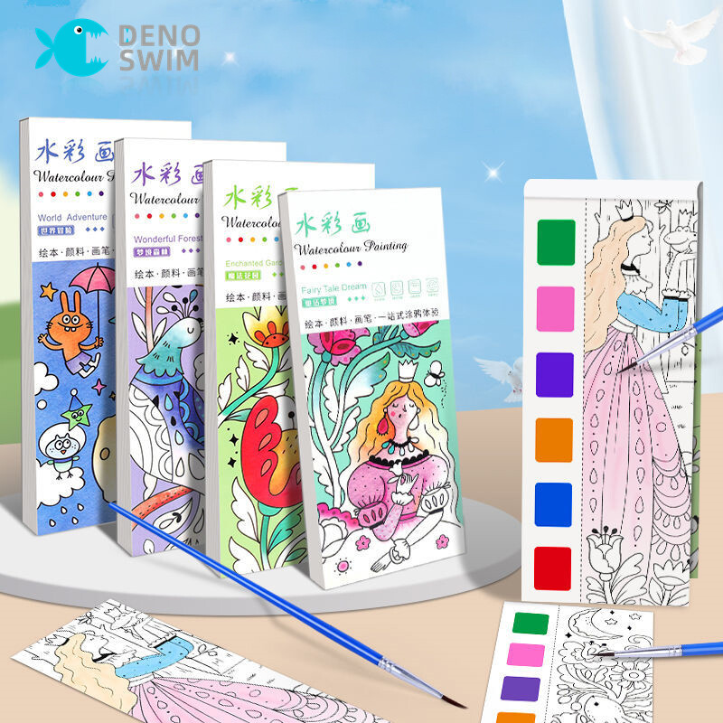 DENOSWIM 12pages Watercolor Coloring Sticky Notes with PaintbrushChildren
