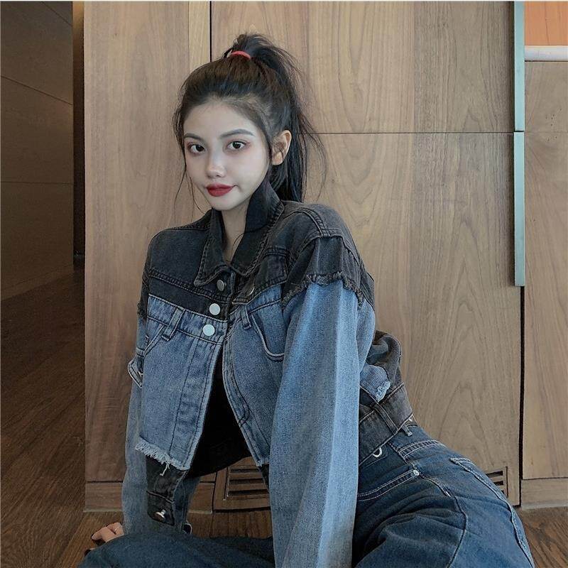 Denim Jacket for Women Retro Hong Kong Short Section Splicing Denim Jacket Women New Fashion Korean Loose All-match Jacket Tops