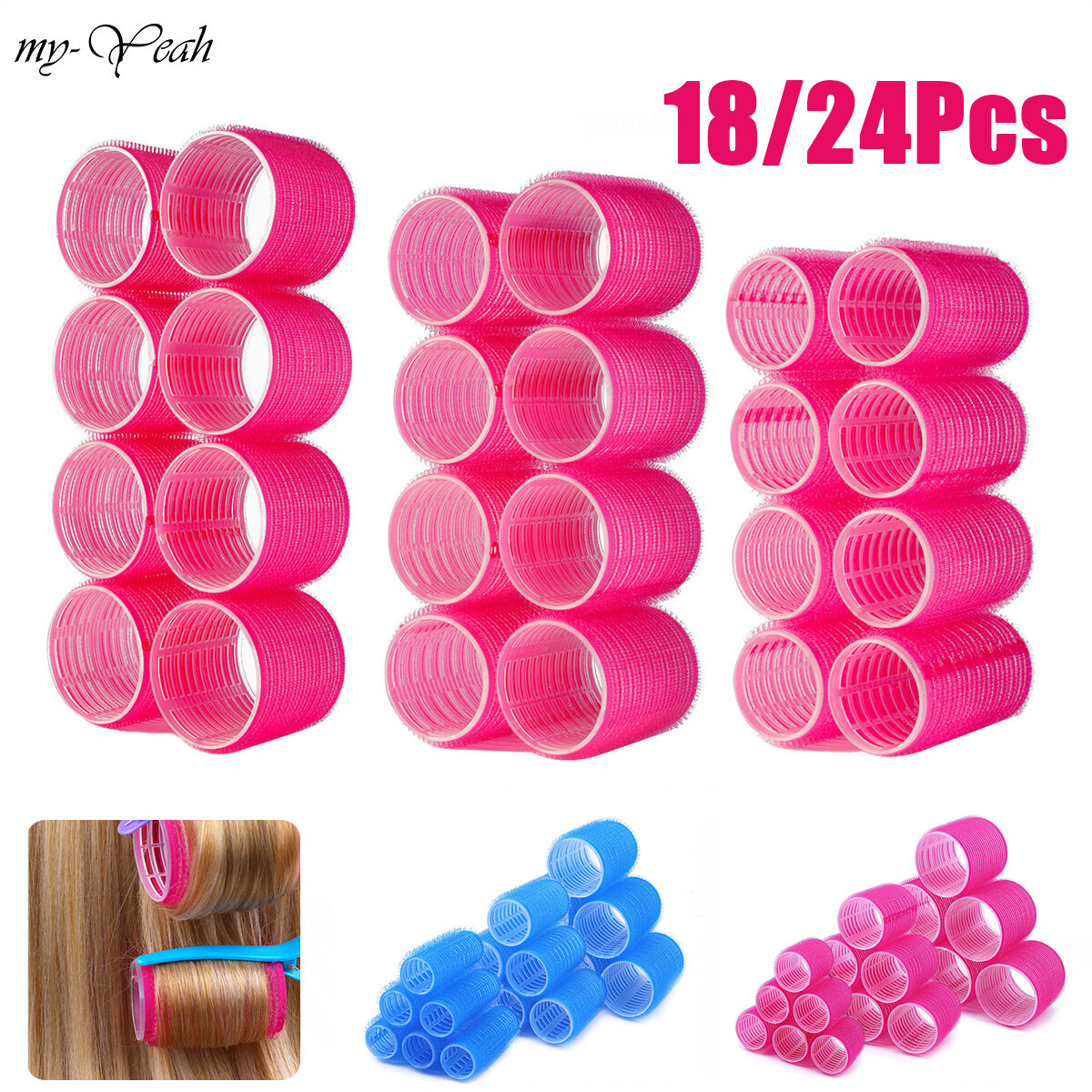 Myyeah 18/24pcs S/M/L Hair Styling Set Hair Rollers Self Grip Self-Adhesive Air Bangs Curling Rollers DIY Hair Curling Tools