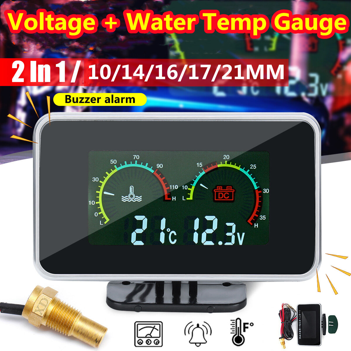 2in 1 12v 24v đồng hồ báo nhiệt độ nước ô tô lcd hiển thị kỹ thuật số đồng hồ đo nhiệt độ nước đồng hồ đo nước nhiệt độ & điện áp xe hơi buzz báo động với cảm biến 10/12/14/16/17/21mm