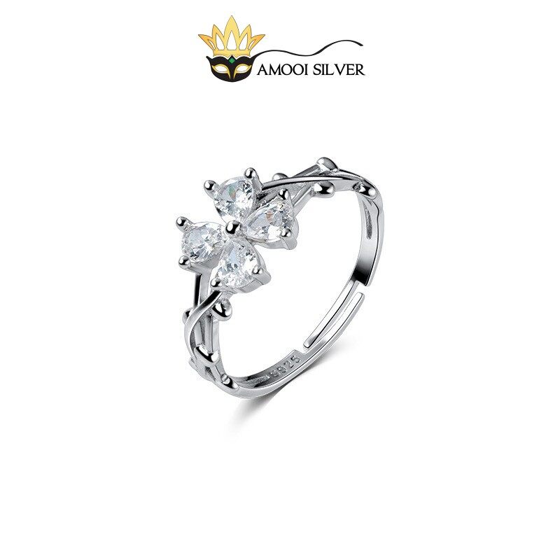 Nhẫn bạc s925 freesize cỏ 4 lá trái tim - amooi silver an87