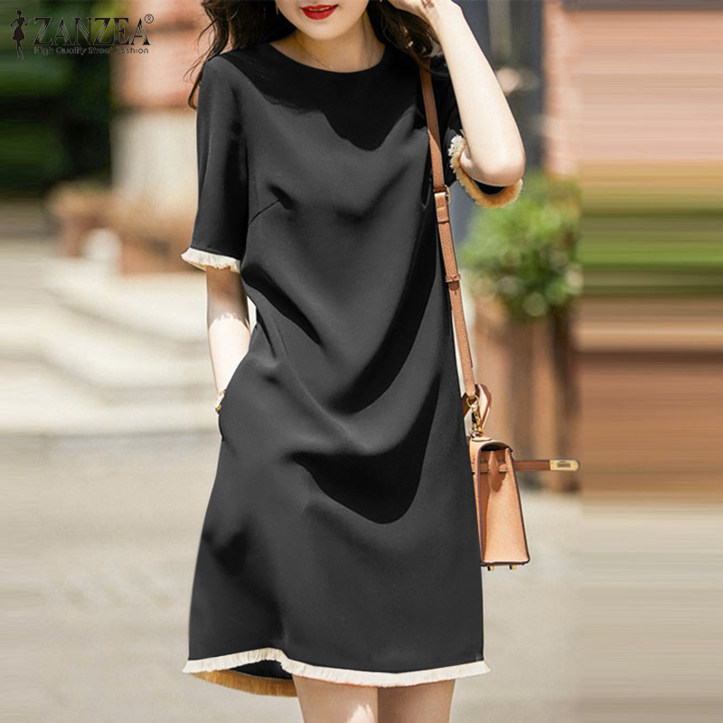 【Giảm giá】MOMONACO ZANZEA Muslimah Váy Xếp Ly Thường Ngày Chắp Vá Mùa Hè Cho Nữ Hồi Giáo Đầm Sơ Mi Ngoại Cỡ Cổ Tròn MCO