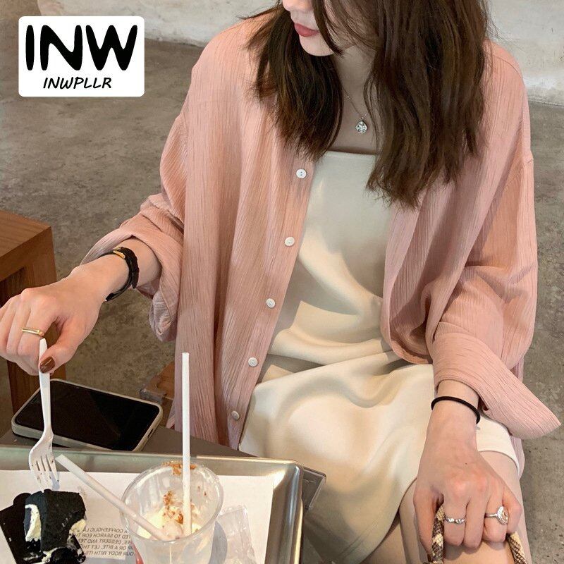 Inwpllr áo khoác chống nắng tay dài mùa hè áo khoác trơn dễ phối phong cách cơ bản áo khoác nhăn thường nhật xu hướng thời trang cho quý cô