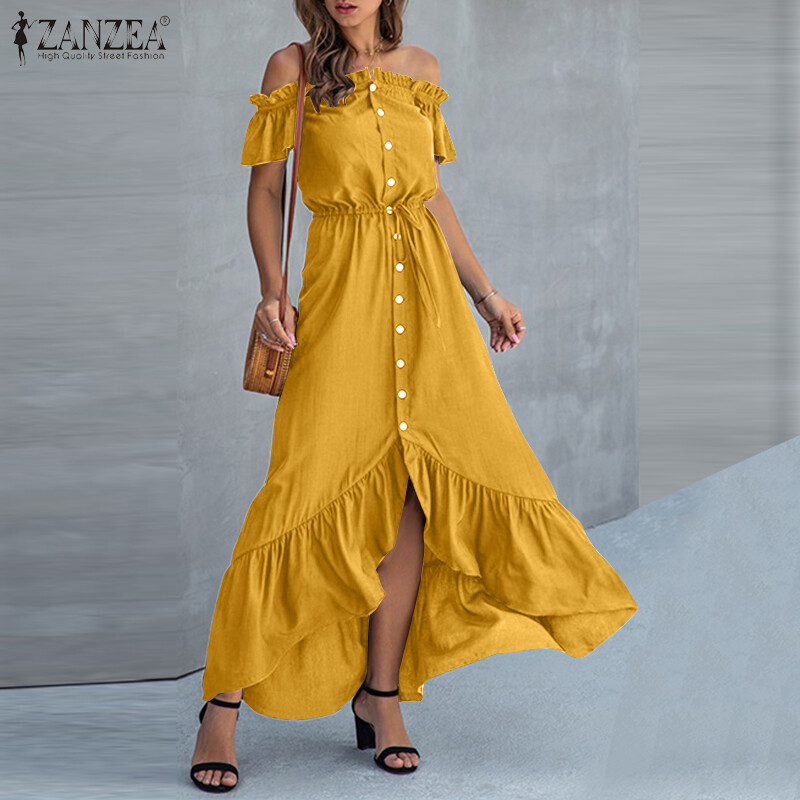 Zanzea giảm giá thanh lý đầm xòe trễ vai mùa hè cho nữ đầm maxi dài cao thấp dự tiệc cocktail
