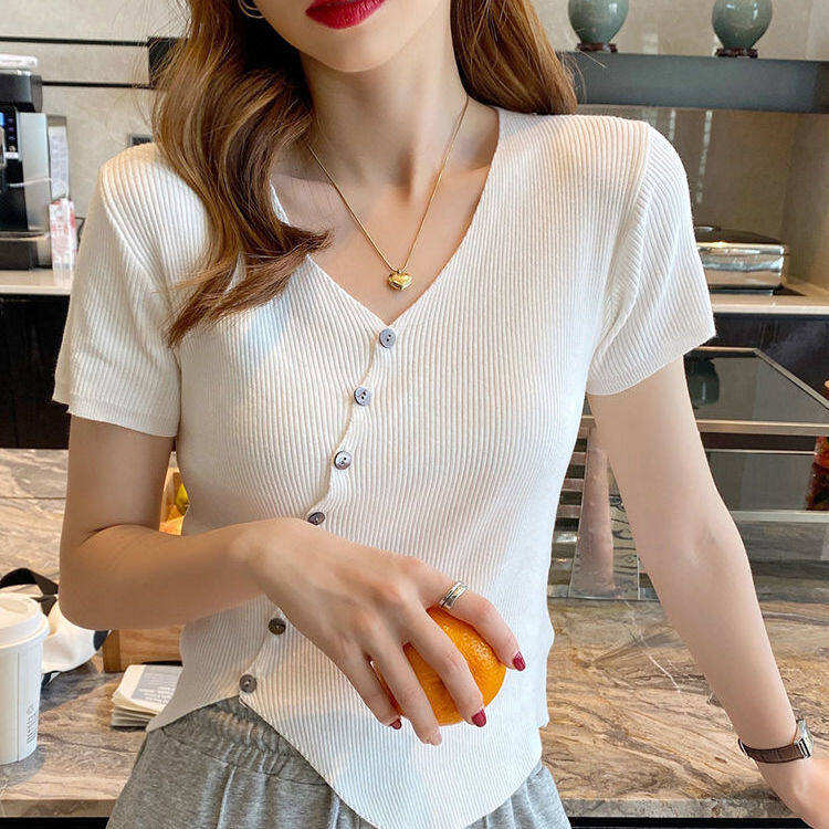 Áo Len Ngắn Tay Lụa Băng, Áo Thun Nữ Mùa Hè Độc Đáo Mới Áo Mỏng