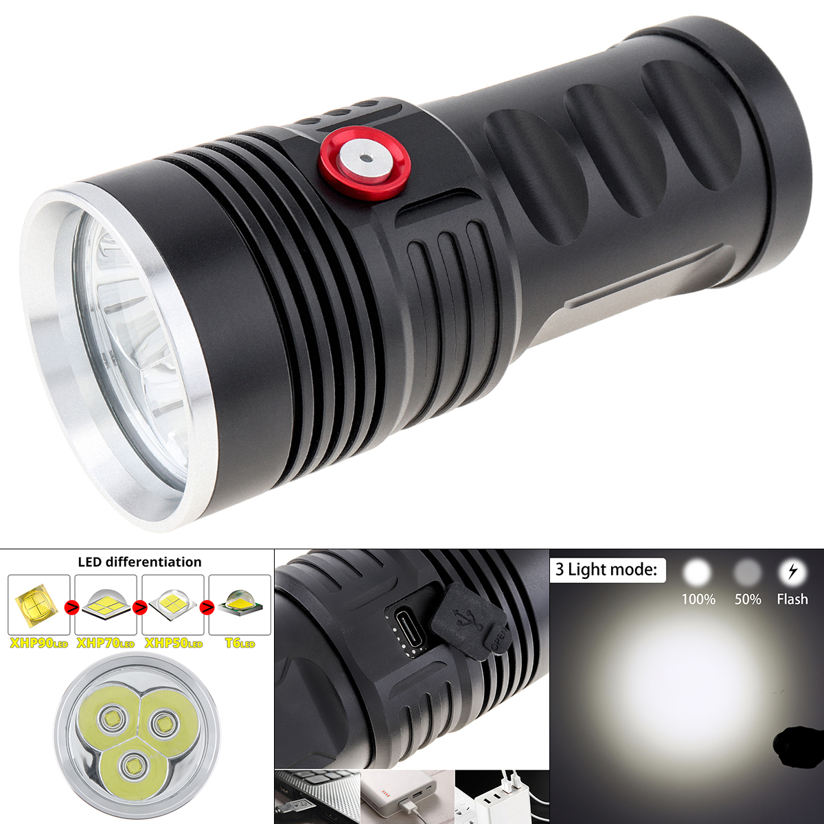 Đèn pin led rọi siêu sáng siêu mạnh 8000lm 3 xh-p50 kèm usb