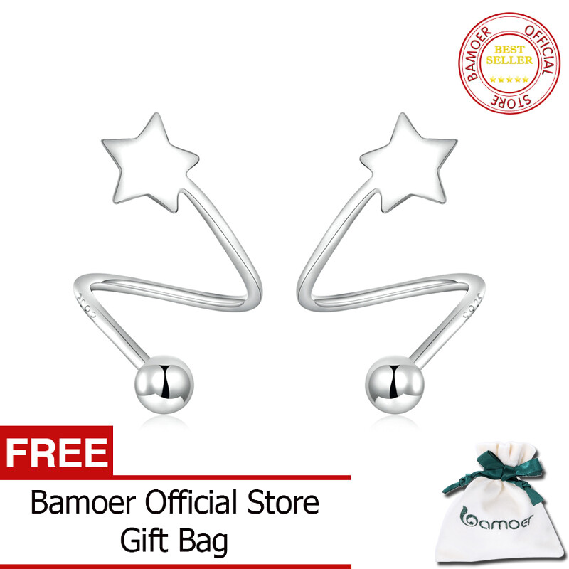 BAMOER 925 Sterling Silver Ear Buckle Rotating Wave Mini Star & Heart Stud Earrings for Women Plated Platinum Jewelry Gift SCE1410 ราคา 293 บาท*ส่งฟรี