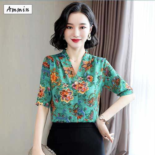 Áo Kiểu AMMIN Cổ Chữ V Cho Nữ, Áo Sơ Mi Lụa Dâu Tằm Ngắn Tay Đính Hạt, Cỡ Lớn, Thanh Lịch, In Họa Tiết, Có Cỡ Lớn