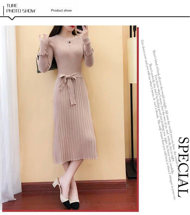 2020 spring new women's long knitted dress long sleeve sweater dress autumn and winter base wool skirt