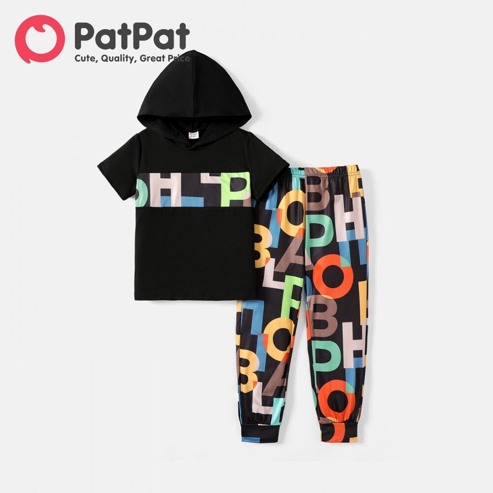 PatPat 2pcs Kid Boy Letter Print Short-sleeve Hooded Tee and Pants Set