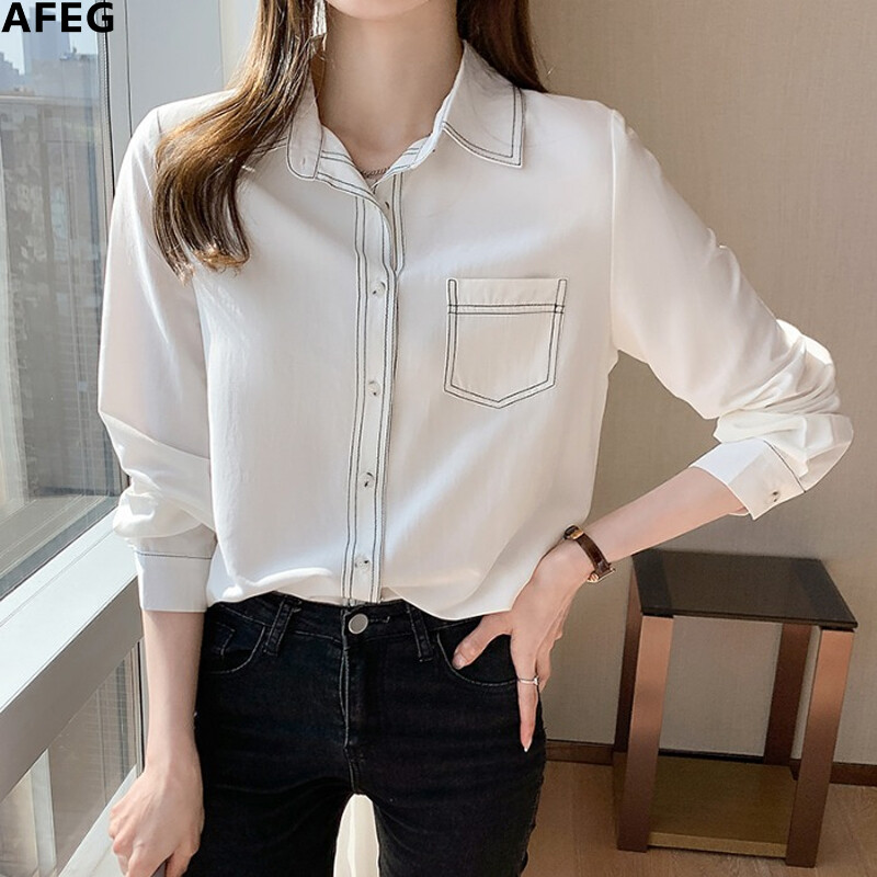 Áo Voan AFEG Dài Tay Cho Nữ, Chất Liệu Chiffon, Cổ Áo Kiểu Hàn Quốc