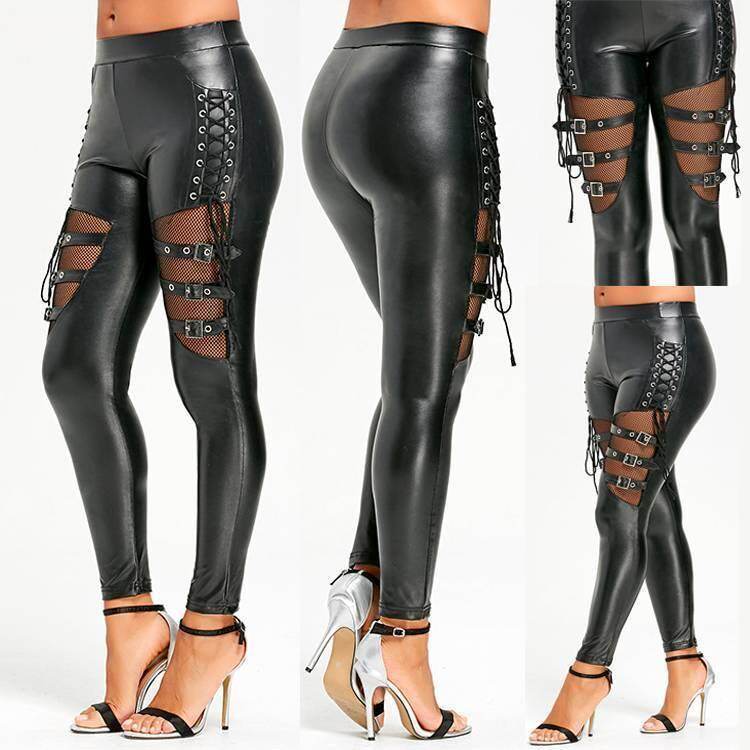 Ladies Womens Wet Look PU Leather Bandage Hollow Leggings Pant PVC Trousers Sexy Ladies Womens Wet Look PU Leather Bandage Hollow Leggings Pant PVC Trousers Sexy