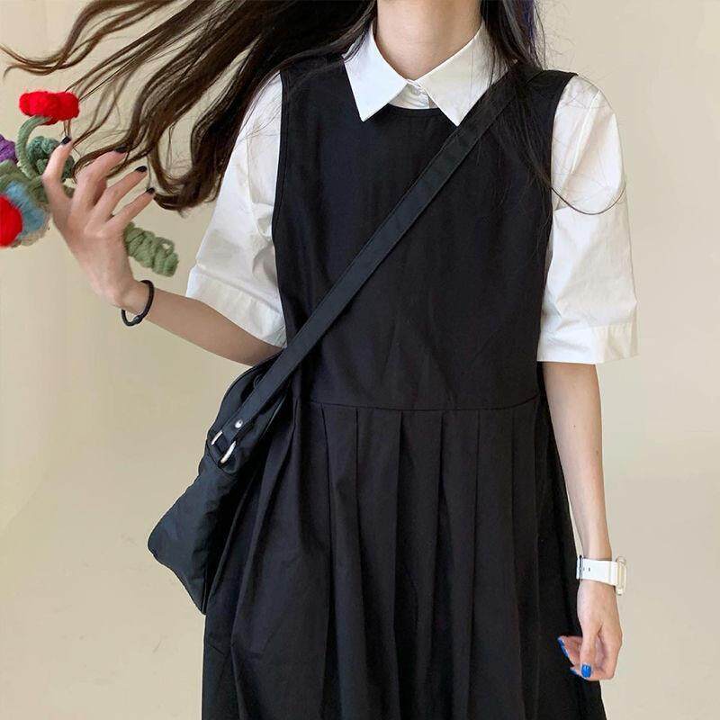 [Two sides can be worn] Korean style Japanese style mid-length suspender dress female student suspender dress summer one-piece suit