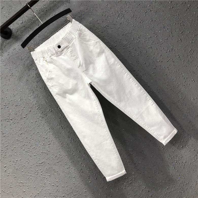 Spring and summer new large size white pants women loose and thin elastic waist high waist jeans casual harem cropped pants