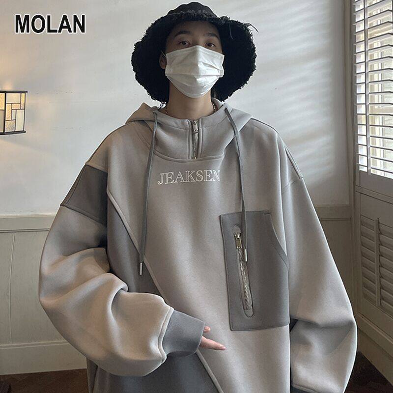 MOLAN Áo hoodie Men's xu hướng vừa vặn với áo sơ mi nam dài tay có khóa kéo nửa thiết kế thoải mái cổ cao vừa lông cừu dày