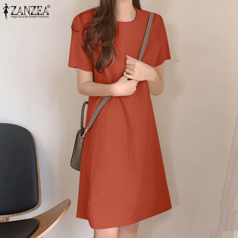 Momonaco zanzea váy xòe cổ tròn dáng rộng đầm nữ kiểu cổ điển vải cotton shift đầm trơn #10