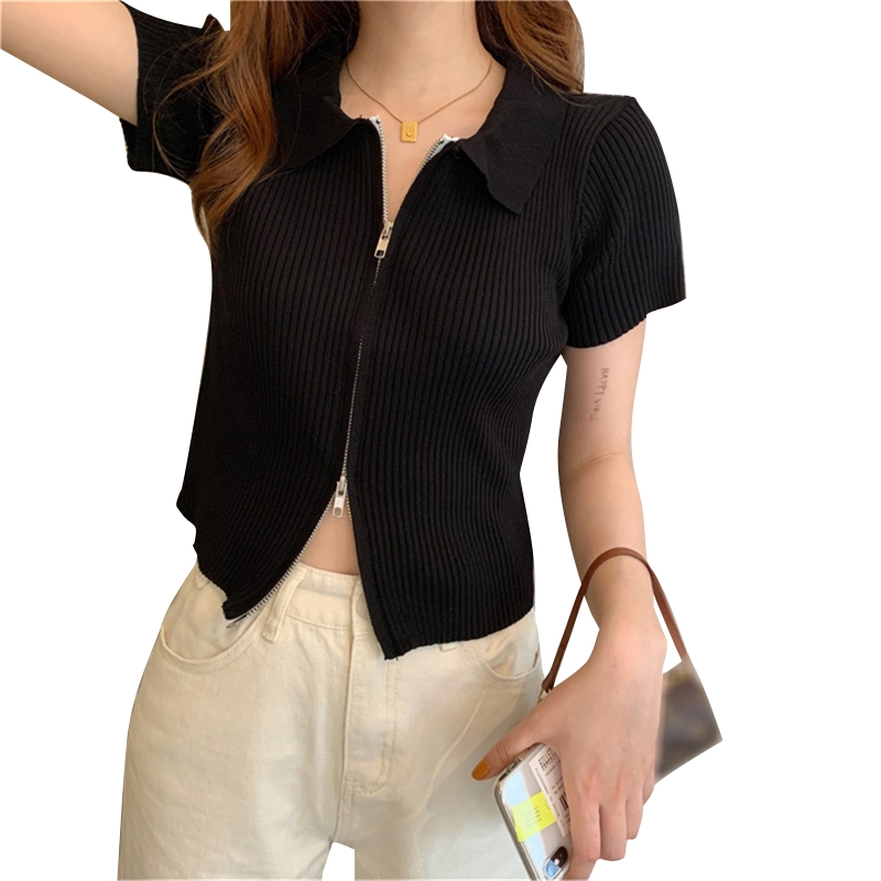 Áo hở eo ngắn tay dệt kim có gân cho nữ áo len cổ bẻ khóa kéo phía trước áo len mỏng màu trơn