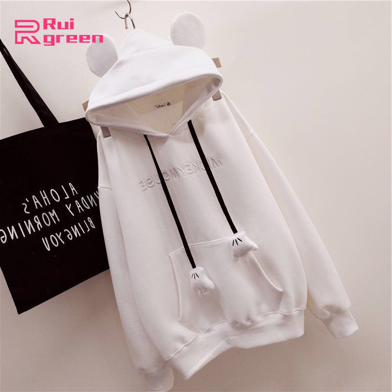 Áo Len Nữ Ấm Áp Có Mũ Tai Dễ Thương Áo Khoác Rộng Lót Lông Cừu Dài Tay Áo Chui Đầu Thời Trang Thường Ngày Màu Sắc: Trắng Kích Thước: S