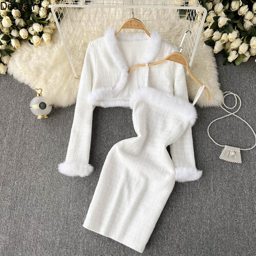 Deevan 1591774321 Bộ Đồ Xiaoxiangfeng Cho Nữ Khăn Choàng Khâu Tua Rua Thời Trang Áo Cardigan Ngắn + Váy Hai Dây Bộ Đồ Hai Mảnh