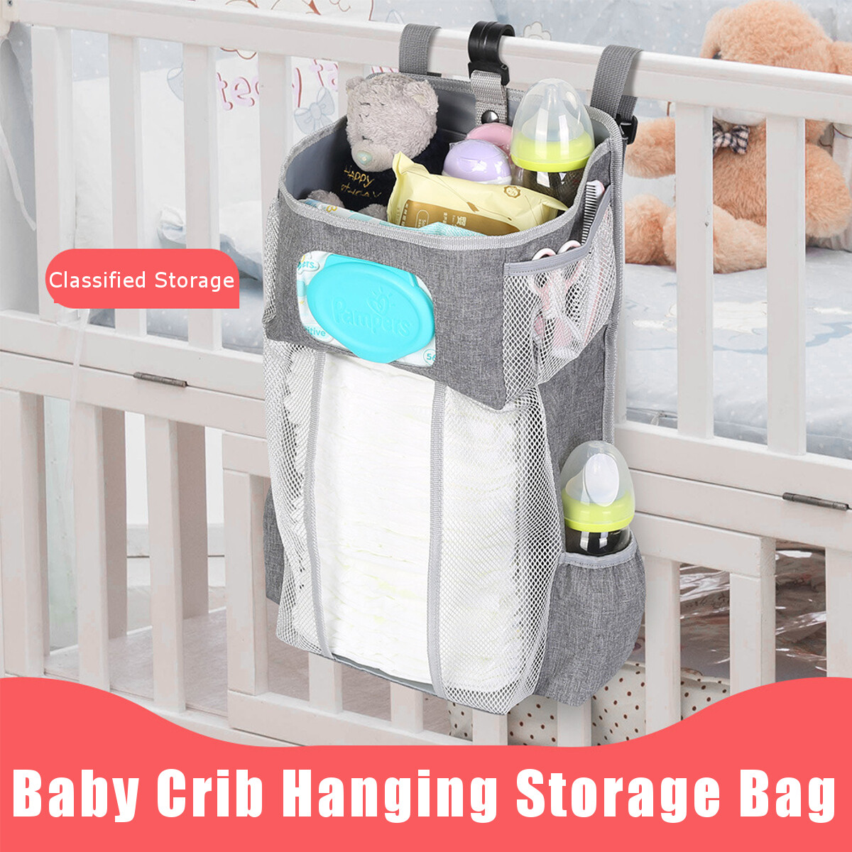 Generic Baby Crib Cot Bed Storage Bag Hanging Pocket Diaper Nappy Clothes Organizer Bag Grey