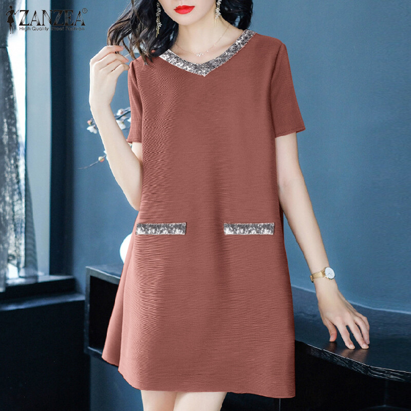 Zanzea nữ phong cách hàn quốc tay ngắn đơn giản v cổ đầm mini thời trang dự tiệc đầm suông rộng mới #11