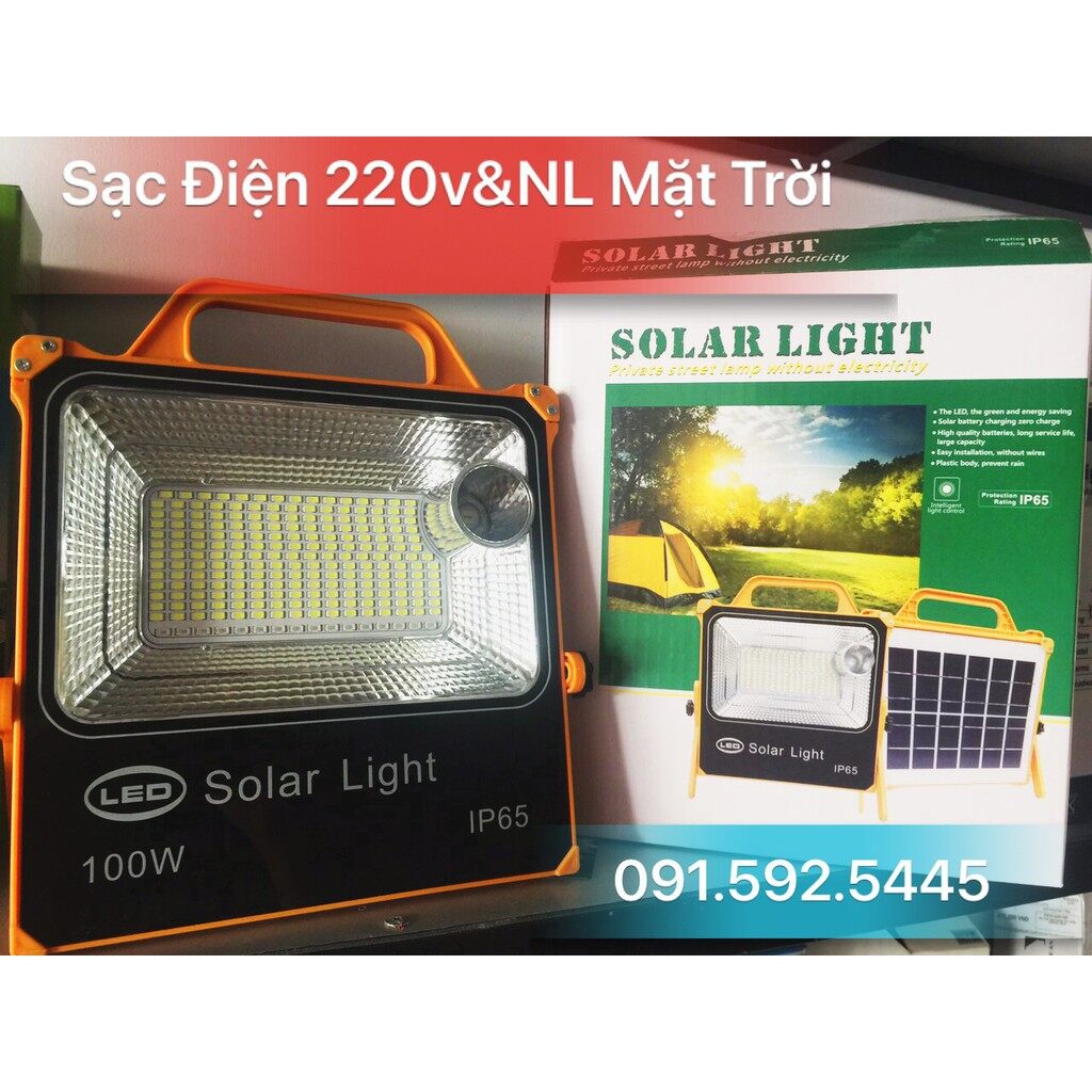 Đèn pha led năng lượng mặt trời 100w cầm tay, sạc được cả điện 220v& năng lượng mặt trời