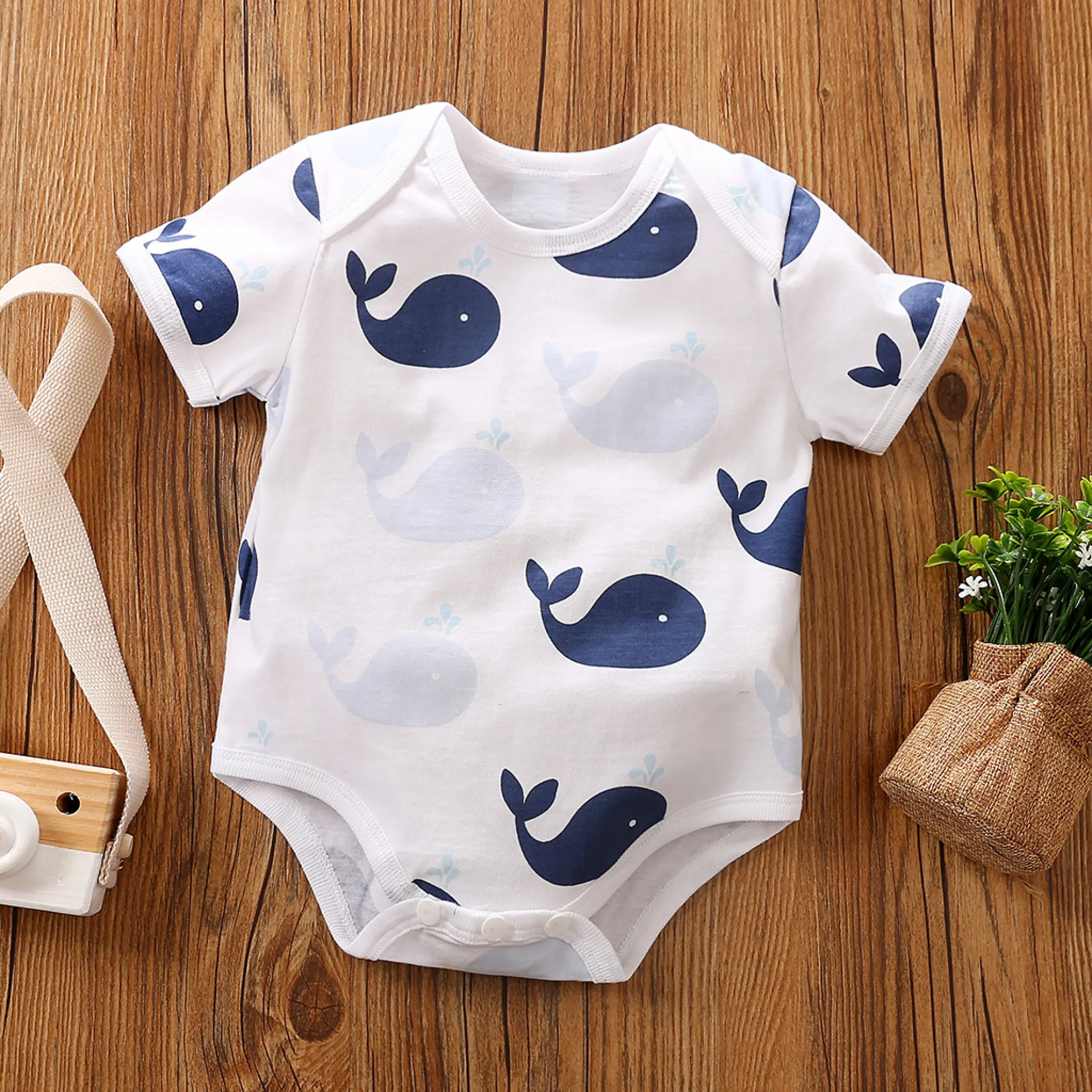 Cotton Whale Print Bodysuit Romper One 