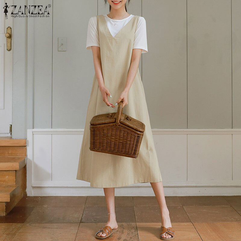 Zanzea đầm dungaree cổ chữ v không tay cho nữ phong cách hàn quốc đầm midi chữ a #10