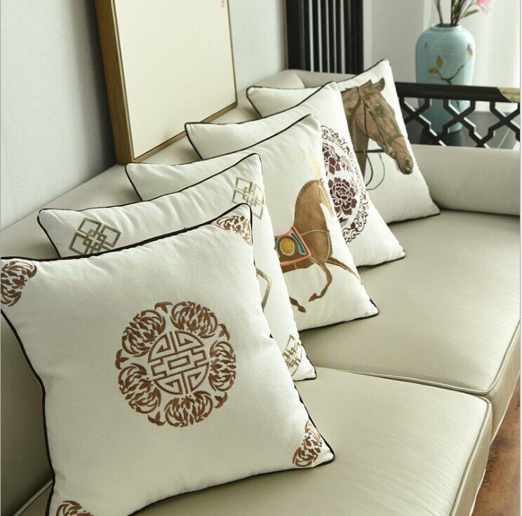 Art Horse Embroidery Cushion Cover Home Decoration Cotton Canvas Geometric Pillow Cover 45X45cm Sofa Pillowcase