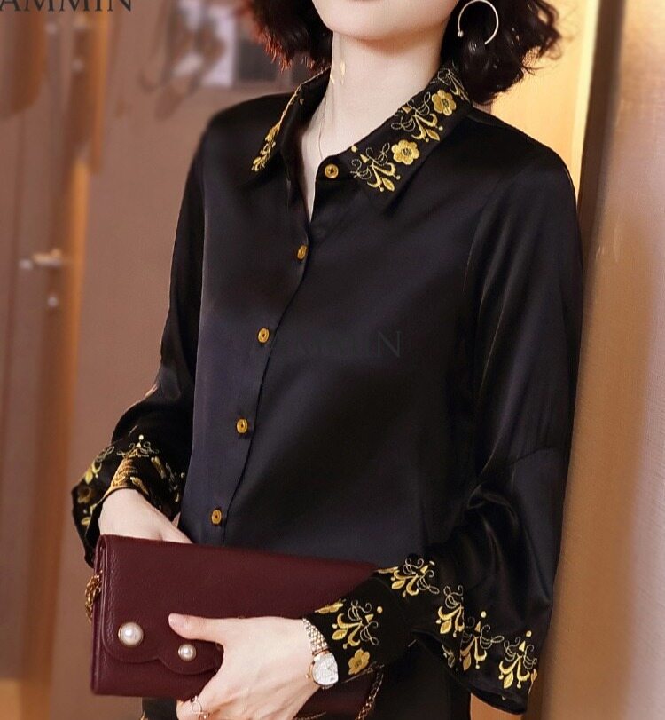 AMMIN Chất Liệu Lụa Satin Áo Cho Phụ Nữ Của Tay Áo Dài Hoài Cổ Phong Cách Mới Cổ Áo Vuông Ruffle Áo Blouse Thêu Lady Đen