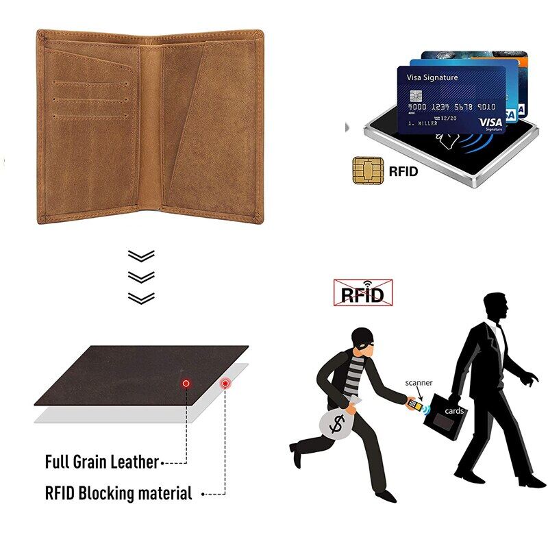 Da nguyên hạt Túi đựng Hộ chiếu Bìa ví cho nam giới và chặn RFID cho Nữ Ví du lịch gia đình mỏng giữ 2 hộ chiếu