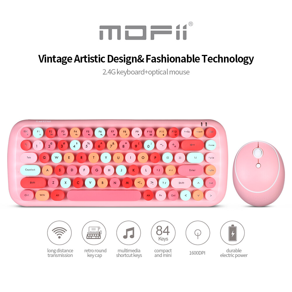 Mofii combo chuột bàn phím kẹo bộ chuột bàn phím mini 84 phím màu hỗn hợp không dây 2.4g kèm nắp phím punk tròn