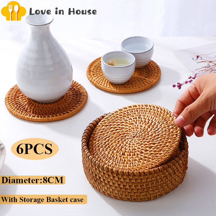 6pcs vintage mây tre coaster miếng lót tách trà pad dệt thủ công placemat vòng