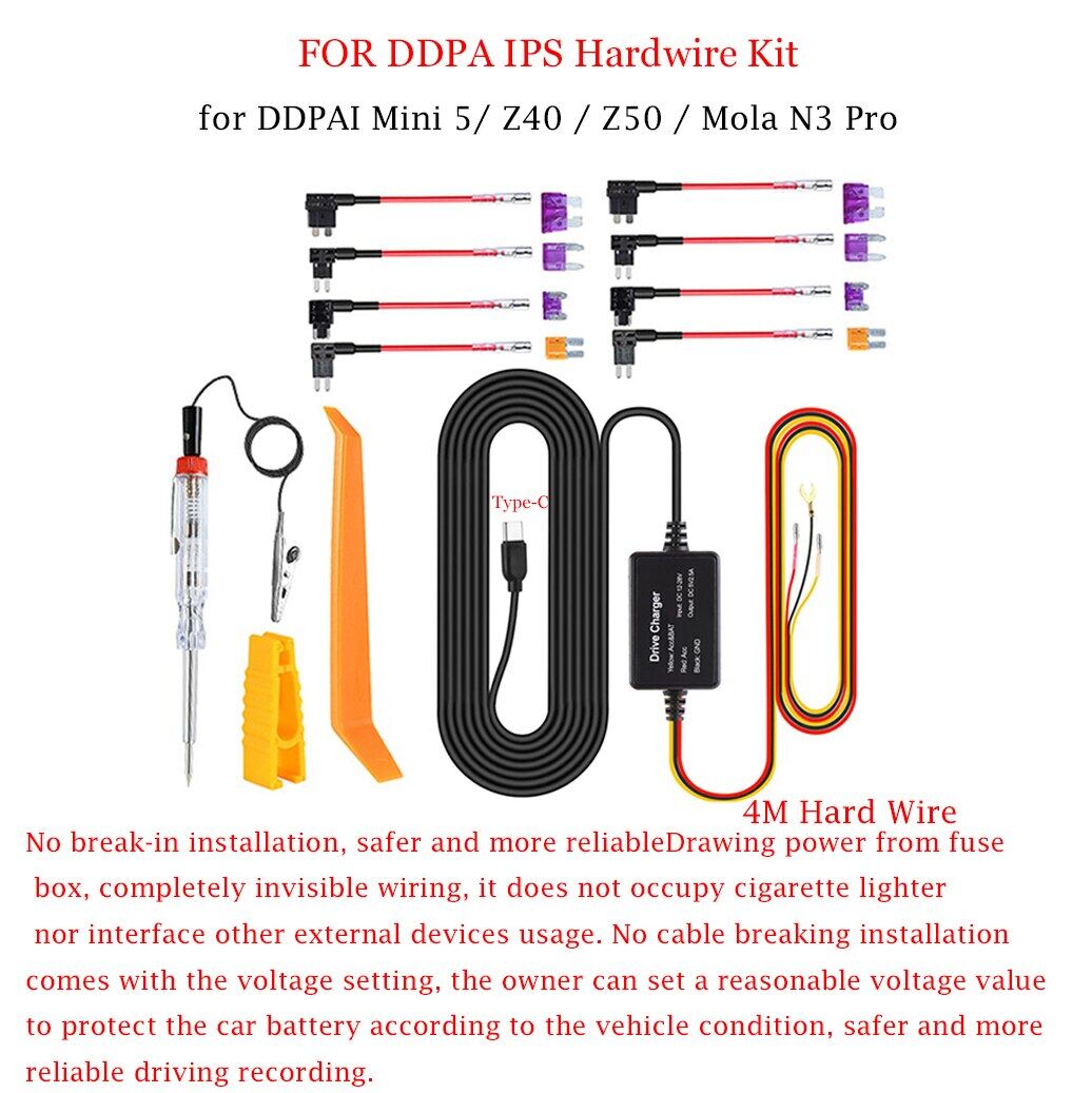 for DDPAI 12/24V Type-C USB Car Charger 4M Hard Wire Hardwire Kit  for DDPAI Mini 5/ Z40 / Z50 / Mol