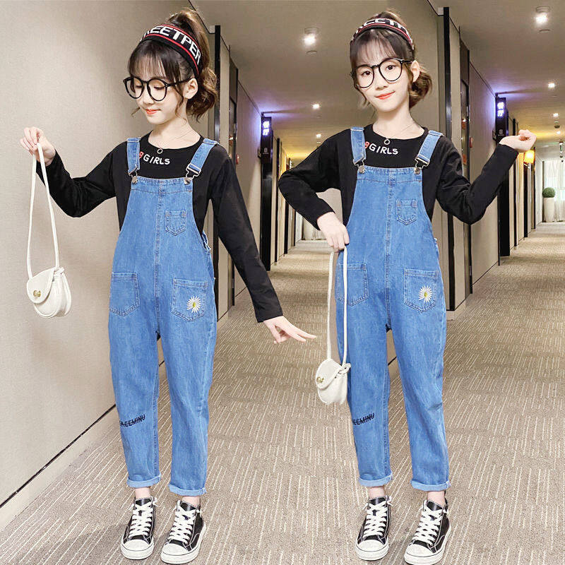 Áo Liền Quần Thêu Hoa Cúc Cho Bé Gái 2-14 Tuổi, Quần Bò Trẻ Em, Áo Liền Quần Yếm Denim Có Dây Đeo Cotton Quần Yếm