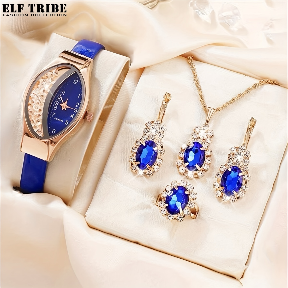 ELF TRIBE 1pc Casual Oval Pointer Quartz Watch PU Leather Party Watch & 4pcs Jewelry Set, Gift For Mother's Day Valentine's Day ราคา 227 บาท*ส่งฟรี