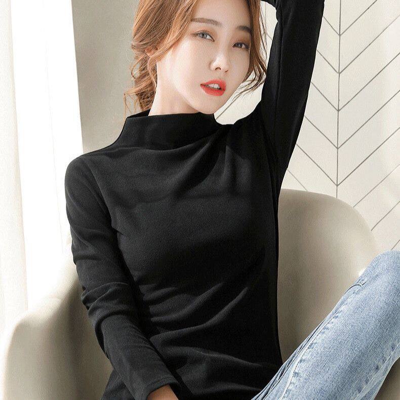 Áo Thun Nhung Đức Hai Mặt Thoải Mái Cho Nữ Áo Ấm Nửa Cổ Lọ Mùa Thu Đông Áo Thun Ôm Sát Đa Năng Màu Trơn