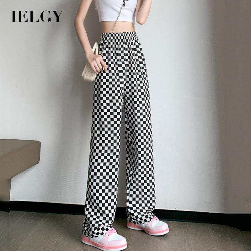 Ielgy quần thường ngày vải voan mỏng caro màu đen và trắng cho nữ