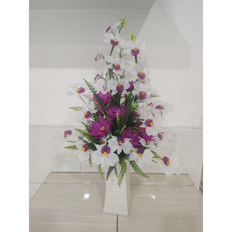 Chậu hoa pha lê -Hoa Lan Trắng Tím cao 55cm ngang 28cm