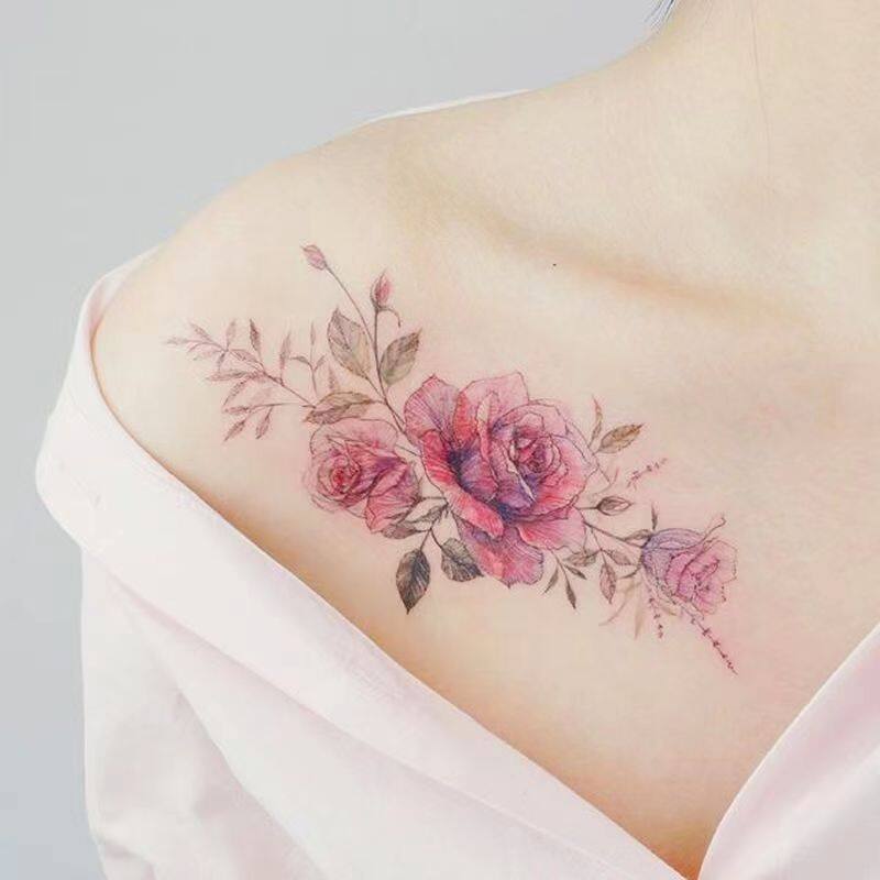 Miếng Dán Hình Xăm Tạm Thời Chống Thấm Nước Lâu Dài Che Xương Đòn Cho Nữ Hình Ảnh Lớn Hoa Hồng Đỏ Cổ Điển 10.5*16.5Cm