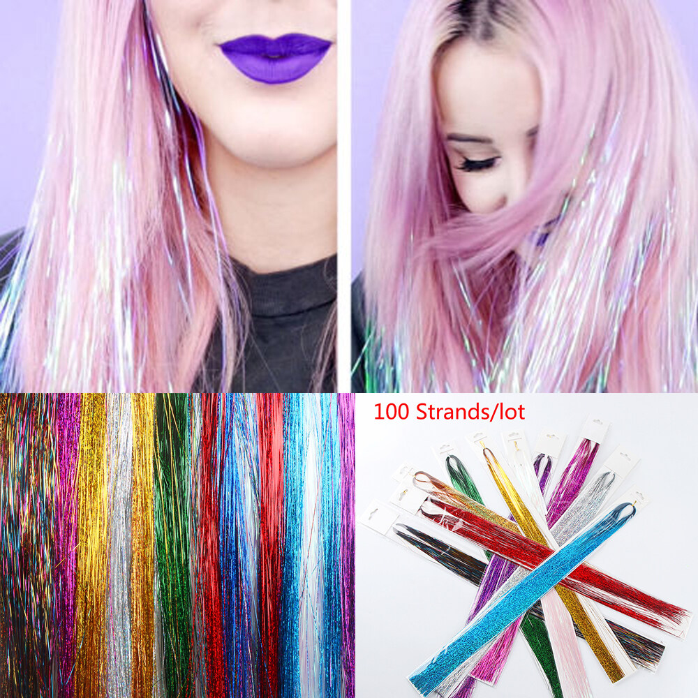 Or69qmts 100 Strands หญิง Streak Rainbow วิกผมปลอมทำลอนย้อมสี Tinsel