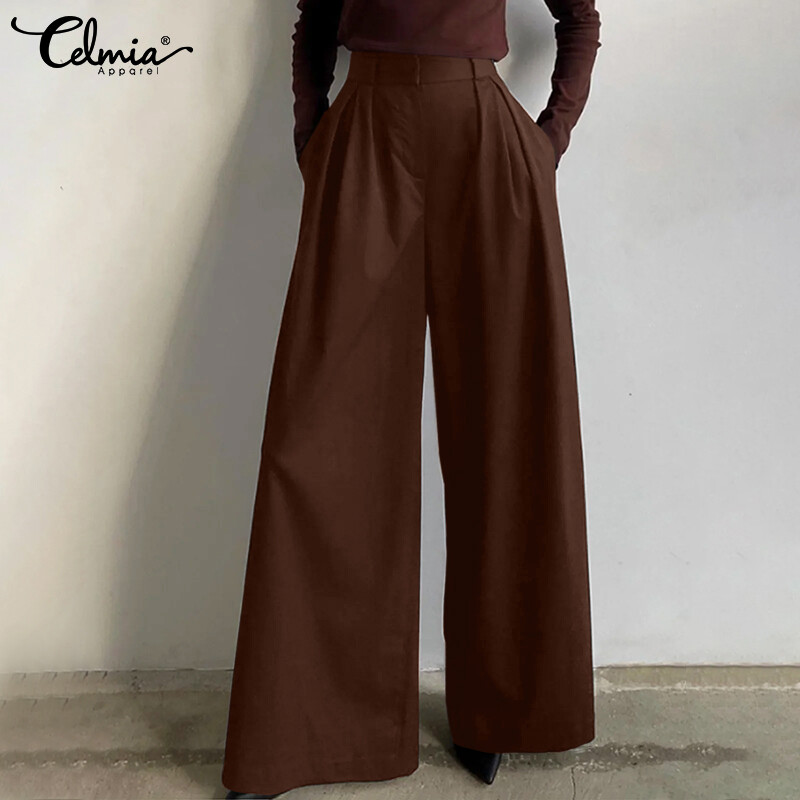 Celmia quần culottes có túi eo co giãn cho nữ quần ống loe dáng rộng quần ống rộng ngoại cỡ