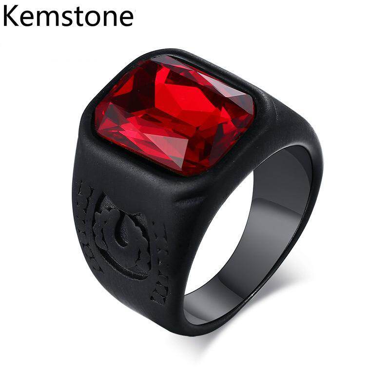Kemstone Fashion Black Plated Stainless Steel Inlay Square Red Crystal Rings for Men's Ring ราคา 179 บาท*ส่งฟรี