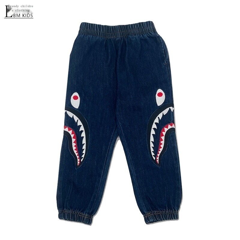 BAPE Quần Trẻ Em Thương Hiệu Hợp Thời Trang Phong Cách Nước Ngoài Thêu Cá Tính Quần Denim Miệng Cá Mập Cho Trẻ Em