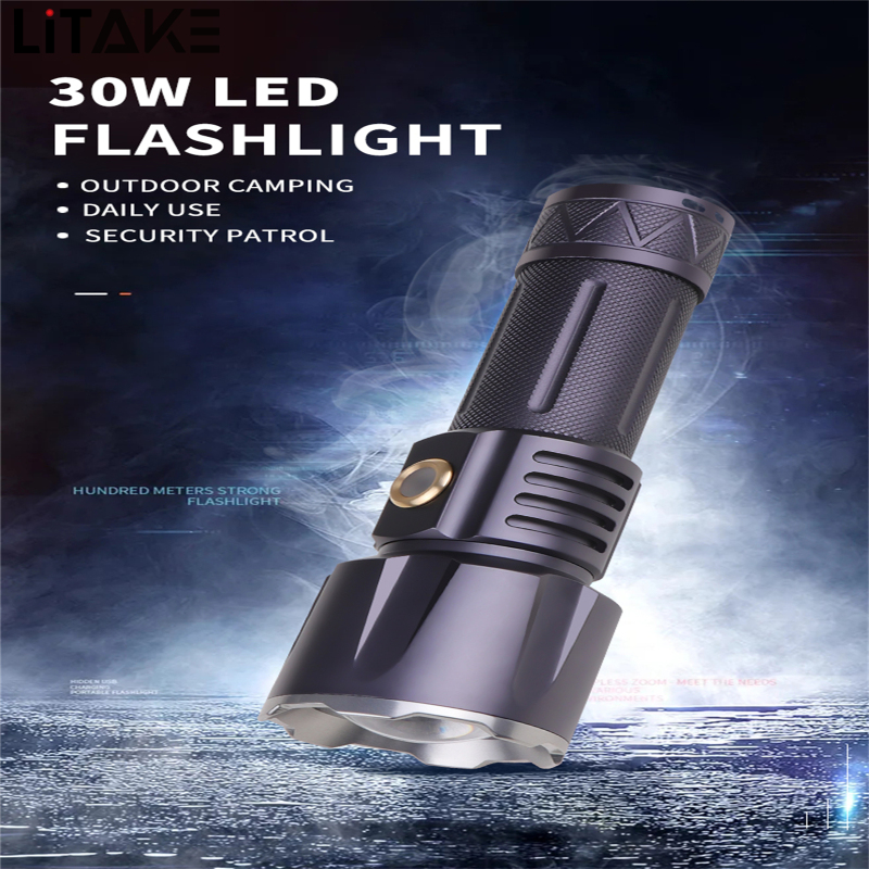 Litake Đèn Pin Ánh Sáng Trắng Led 30W Đèn Pin Ánh Sáng Mạnh Ngoài Trời Thu Phóng Ống Lồng Tầm Xa 1500M Sạc Được Type-C