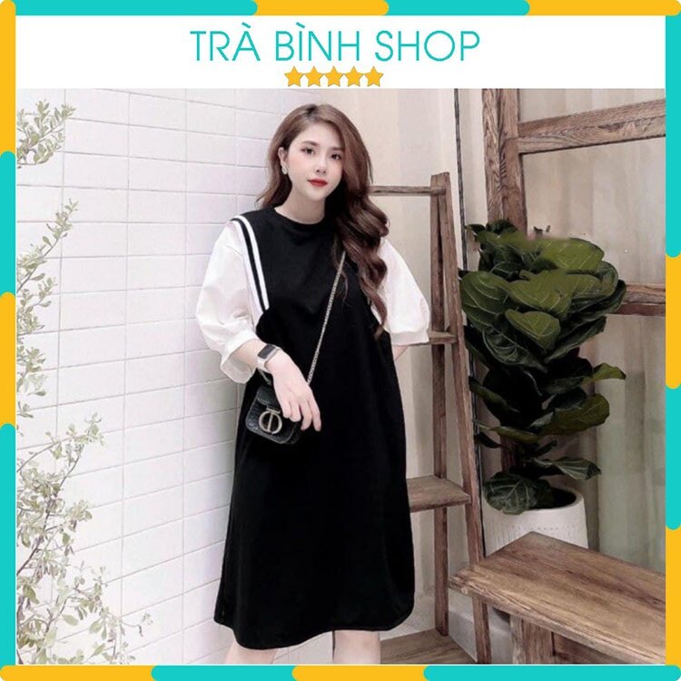 Đầm dáng suông dài tay lỡ váy đen tay trắng phối viền chất đũi phong cách thủy thủ