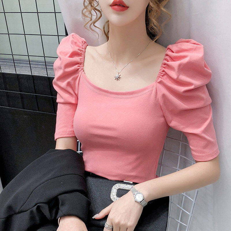 Áo thun cotton mới 2021 tay phồng cá tính cổ vuông áo thun ngắn tay, xu hướng nữ