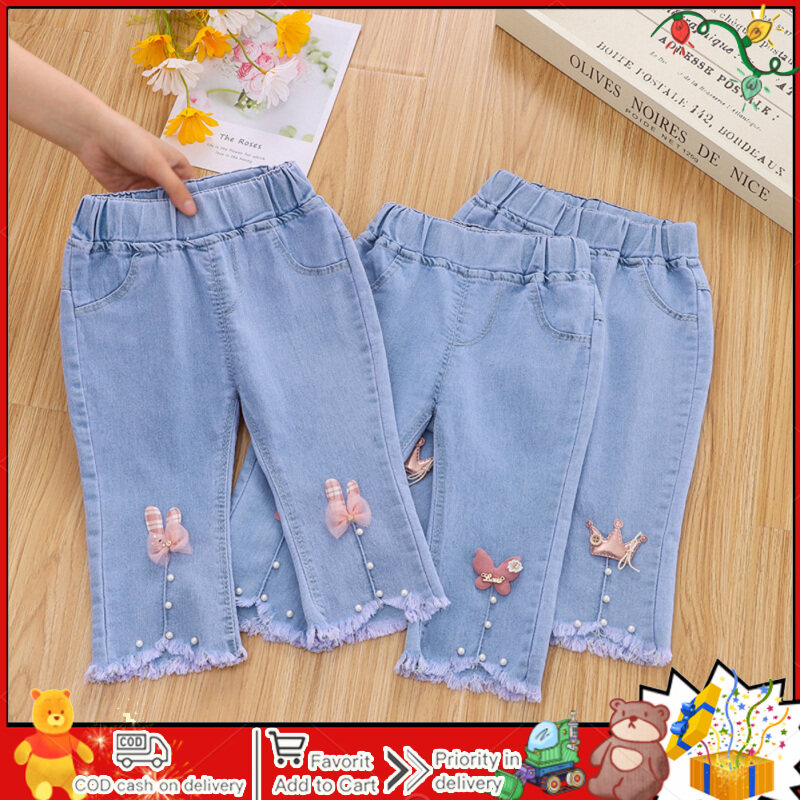 Hàng có sẵn quần jean cotton trẻ em quần eo vừa mỏng mùa hè quần lửng rộng