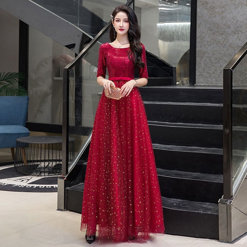 Trang phục biểu diễn hợp xướng lớn váy dài cho nữ váy dạ hội chủ nhà nhạc trưởng màu đỏ trang phục biểu diễn bài hát đỏ cuộc họp thường niên tiệc